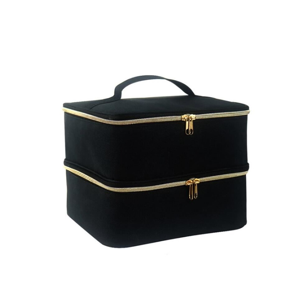 Black Portable Double Layer Nail Polish Organizer Case 30 Compartments Large Nylon Cosmetic Handbag