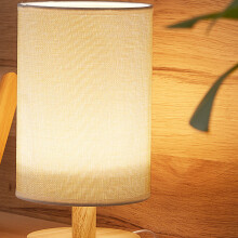 Bordlampe til soveværelse med LED-pære inkluderet og varmt lys, energieffektiv træbase, hørskærm, natbordslampe til skrivebord, læsning, stue,