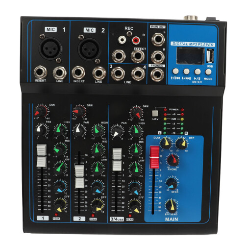 Advanced 4 Channel Audio Mixer With Wireless Bluetooth Identification Multi Functional Control Panel HD Backlit LCD Display And 3 Band Equalization Ad 1