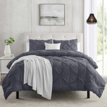(Grey, Double) 3-piece Pintuck Duvet Cover Set Ultra Soft Microfiber, Wrinkle & Stain Resistant, Premium Quality Bedding