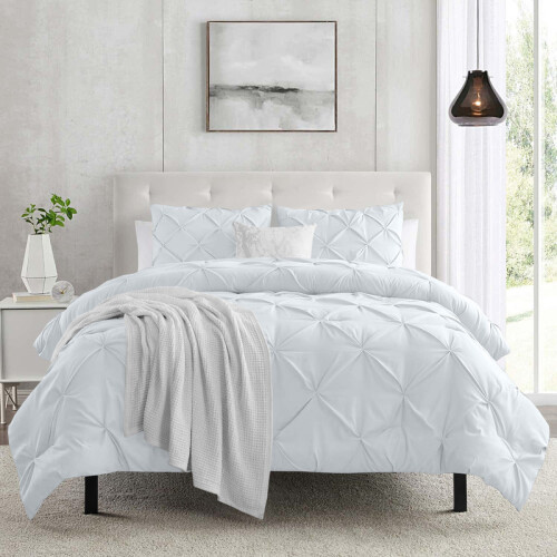 (White, Double) 3-piece Pintuck Duvet Cover Set Ultra Soft Microfiber, Wrinkle & Stain Resistant, Premium Quality Bedding