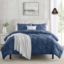 (Navy, Double) 3-piece Pintuck Duvet Cover Set Ultra Soft Microfiber, Wrinkle & Stain Resistant, Premium Quality Bedding