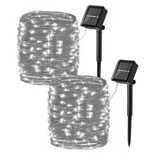 Solar Fairy Lights, flexibele zilverkleurige draad, 12 meter lange koperen lichtslinger voor binnen- en buitendecoratie, waterdicht ontwerp met 8