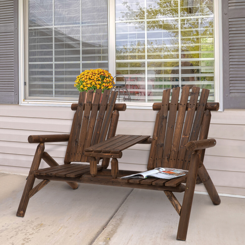 Outsunny Wood Patio Bench 2 Seats w/ Centre Coffee Table, Carbonized-image-OPC-P8SK8C7-NEW