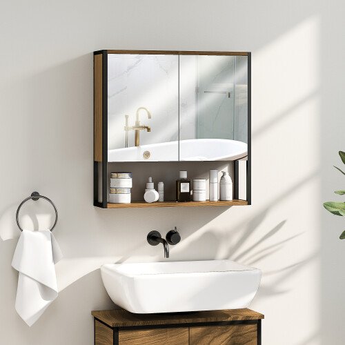 Homcom (Brown) HOMCOM Industrial Bathroom Cabinet with 2 Mirrored Doors Open Shelf