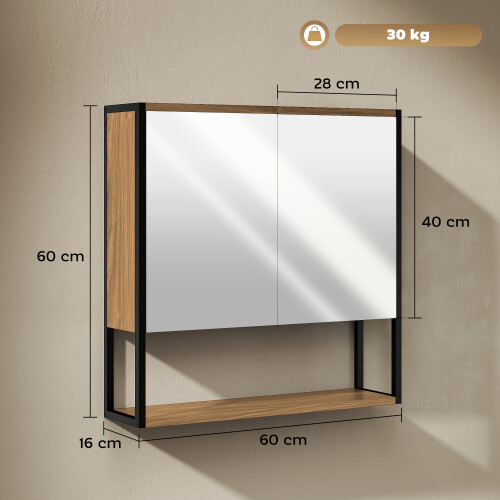 Homcom (Brown) HOMCOM Industrial Bathroom Cabinet with 2 Mirrored Doors Open Shelf 2