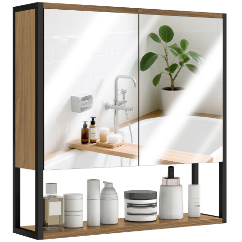 Homcom (Brown) HOMCOM Industrial Bathroom Cabinet with 2 Mirrored Doors Open Shelf 1
