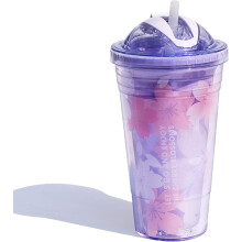 Never Lose Your Straw Sakura Design Cup, Flash Straw Double Layer Leakproof Tumbler with Reusable Slide Open Spillproof Lid, Healthy Drinking Water, M