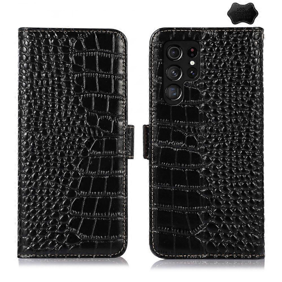 Crocodile Top Layer Cowhide Leather Case For Samsung Galaxy S24 Ultra Black 7057162525325