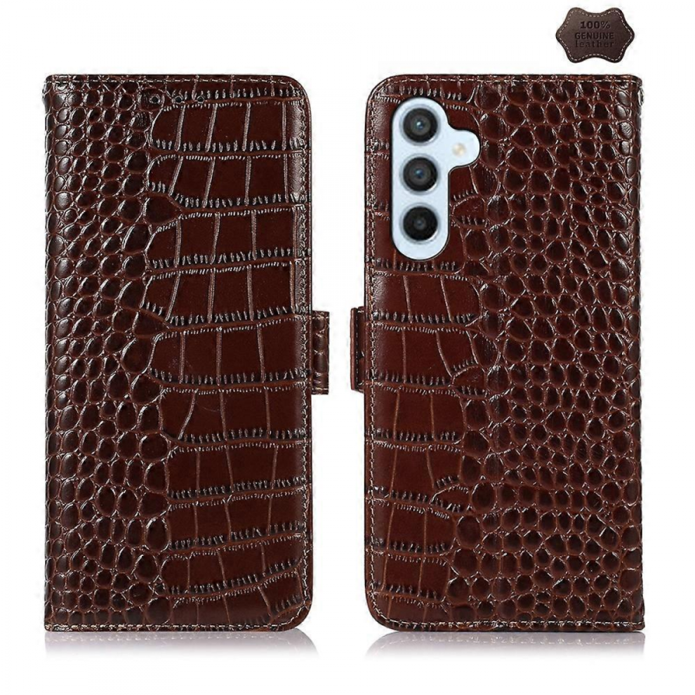 Crocodile Top Layer Cowhide Leather Case For Samsung Galaxy A55 5G Brown 7057162525370