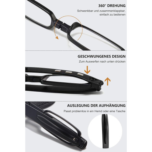 2 Pack Folding Reading Glasses Blue Light Blocking Slim Pocket Size 360 Rotating Frame Black 1.5x 2