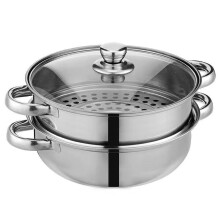 11 Inch Stainless Steel 2 Tier Steamer Pot with Glass Lid and Dual Handles for Dumplings and Pasta
