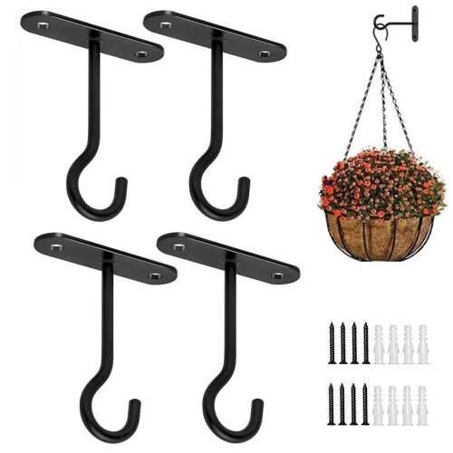 Pack of 4 Hanging Basket Brackets, 10 cm Wall Hooks (Black)