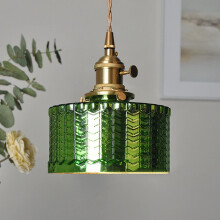 Ceiling Hanging Light with Industrial V-intage Design, Adjustable Height for Kitchen Island, Dining Room - Clear Glass Pendant, Brass Finish, Green, 1
