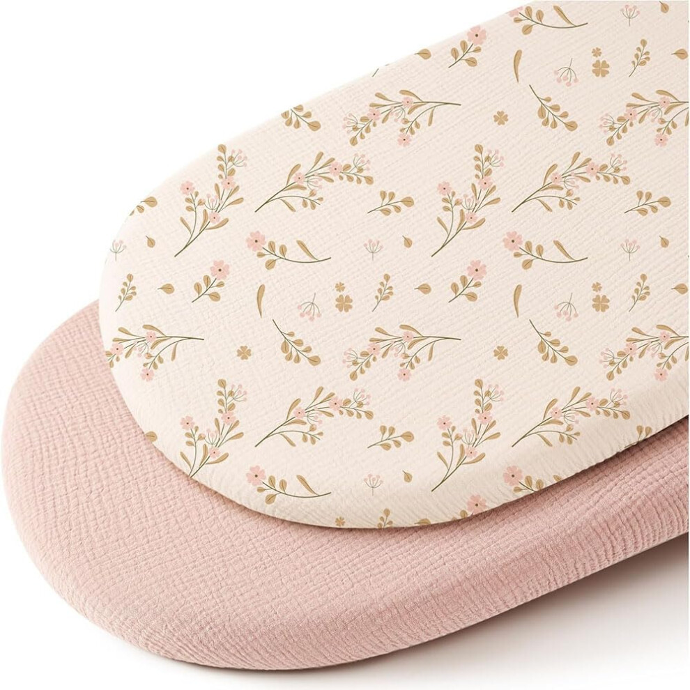 Moses Basket Sheets 32"X17" Cotton Fitted Sheets For Newborns, Lightweight Muslin Baby Bassinet Sheets In & Flowers Pink