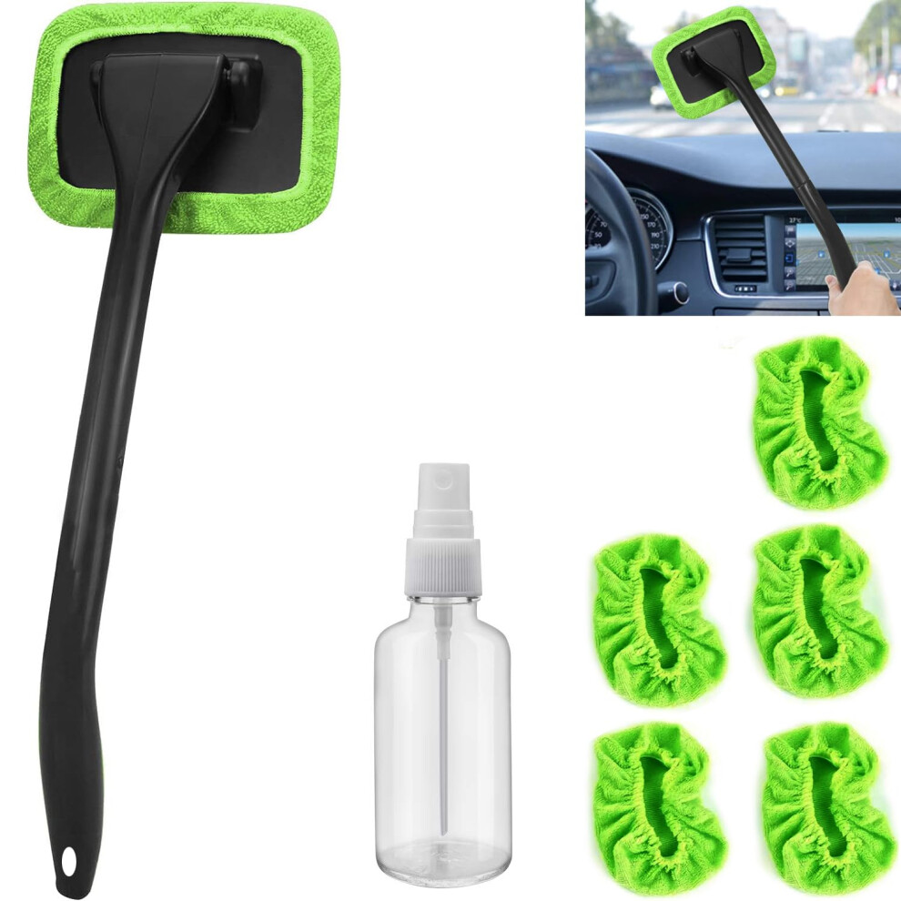 Car Windshield Cleaner With Extendable Handle And 5 Washable Microfiber Pads For Auto Glass (Green) Green 9119770413819