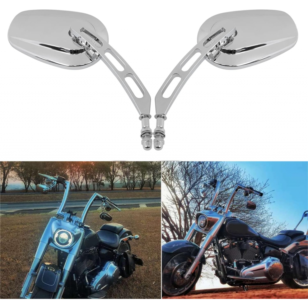 Chrome 8Mm Motorcycle Mirrors - Hollow Design For Harley Bobber, Cruiser, Custom, Mt Black 7057162533368