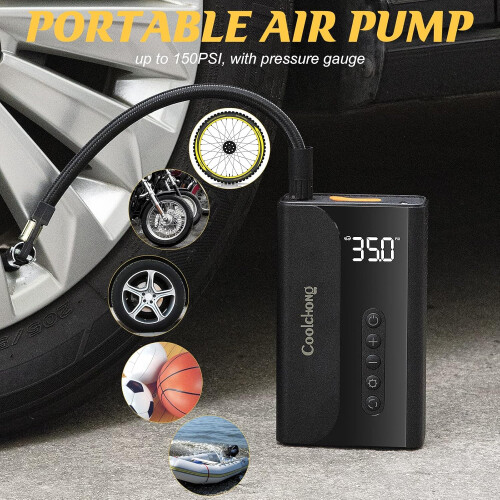 Compressore d'aria portatile 150 PSI, 6000 mAh per auto e bicicletta con manometro, luce LED, display LCD 2