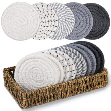 Drink Coasters Set of 10 with Basket, Cotton Woven Absorbent Coasters for Cups and Mugs, 4.3 Inch Round Table Protection in 5 Colors