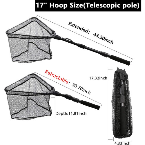 Rede de pesca com cabo telescópico para pesca em água doce e salgada, extensível até 43/71 polegadas, revestimento emborrachado resistente a 1