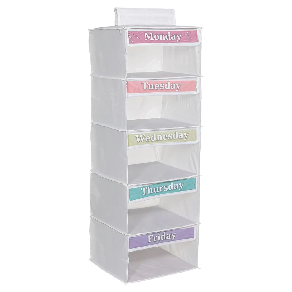 Kids Hanging Closet Organizer with 5 Shelves, Weekly Clothes Storage, Oxford Fabric, Adjustable Hooks