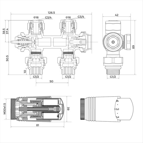 Multiblock set radiatoraansluitfitting met thermostaat 50 mm, kraan 2