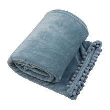 Solid Color Soft Plush Throw Blanket Pom Pom Fringe- M Blue