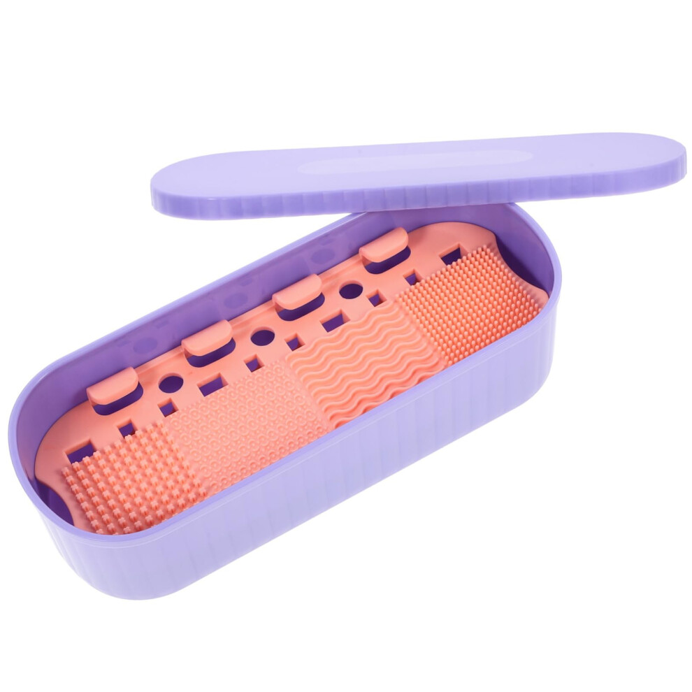 Makeup Brush Cleaner Box with Drying Rack, Compact Travel Storage Holder for Brushes, Purple