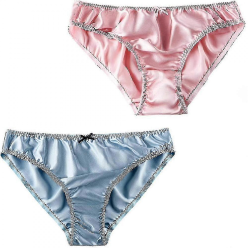 Pink -Light blueLWomen's Silk Bikini Briefs Satin Underwear 2-Pack