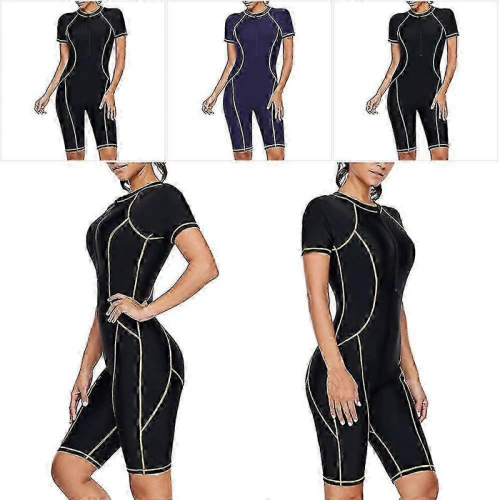 Costume intero anti-rash donna nero e blu con cerniera frontale 2