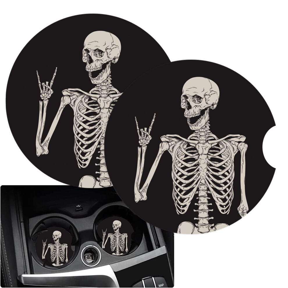 Funny Skeleton Car Cup Holder Coasters 2 Pack Absorbent Ceramic Stone Halloween Skull Design 9339159861325