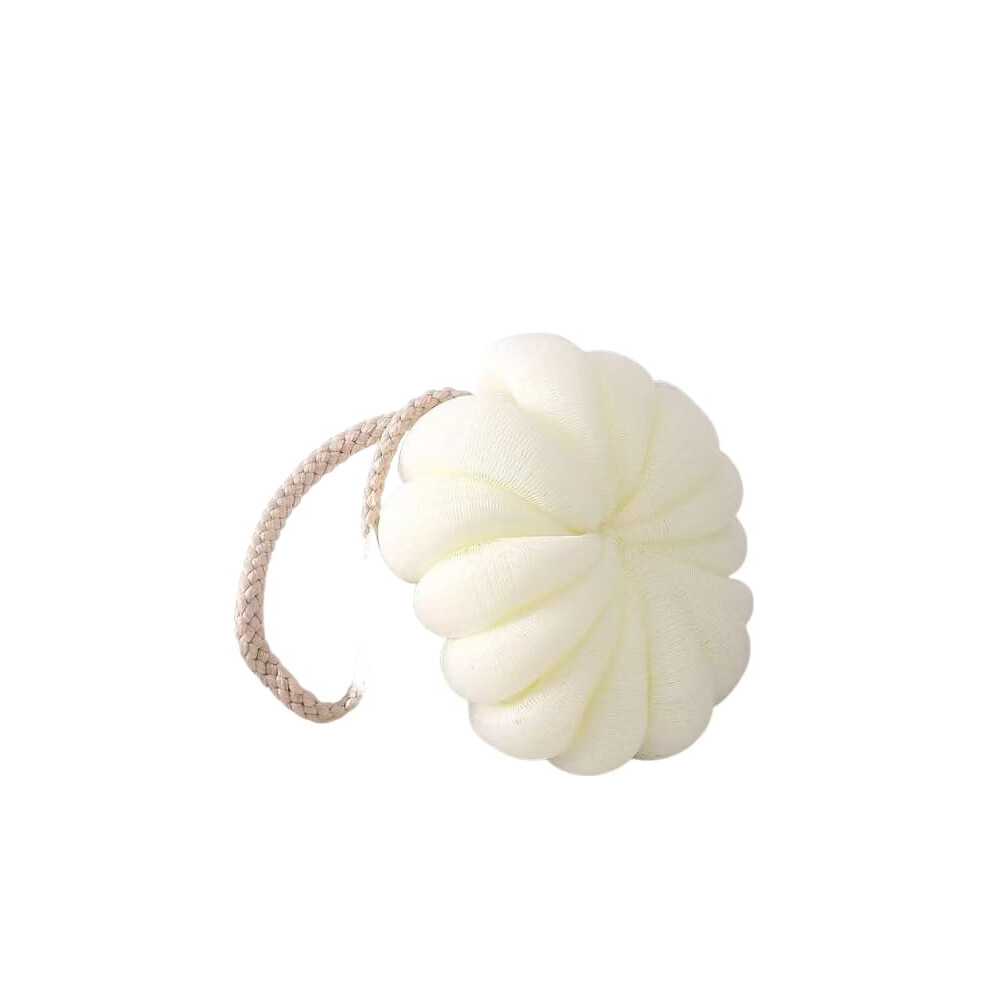 White Mesh Shower Loofah Pouf With Rope Handle For Gentle Body Exfoliation And Bath Cleaning