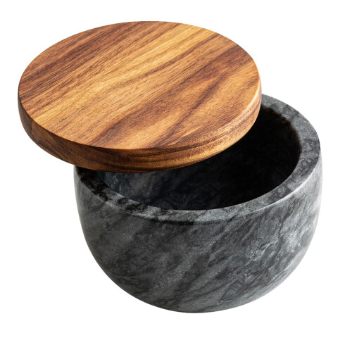 Black Marble Salt Tin with Wooden Lid