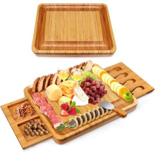 Large Bamboo Cheese Board Set with Dual SlideOut Drawers and 4 Knives, Charcuterie Serving Platter