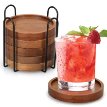 6 Pcs Wooden Coasters with Holder Set Rustic Acacia Wood SpillProof Round Drink Coasters