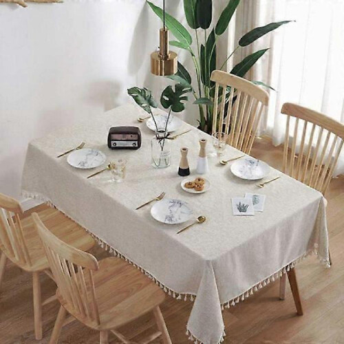 Stain resistant cotton linen striped tablecloth with tassels/(rect 1