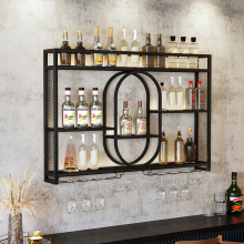 55' Metal Wall Mounted Wine Rack with 3 Tier Shelves and Glass Holder for Home Bar, Kitchen, Black