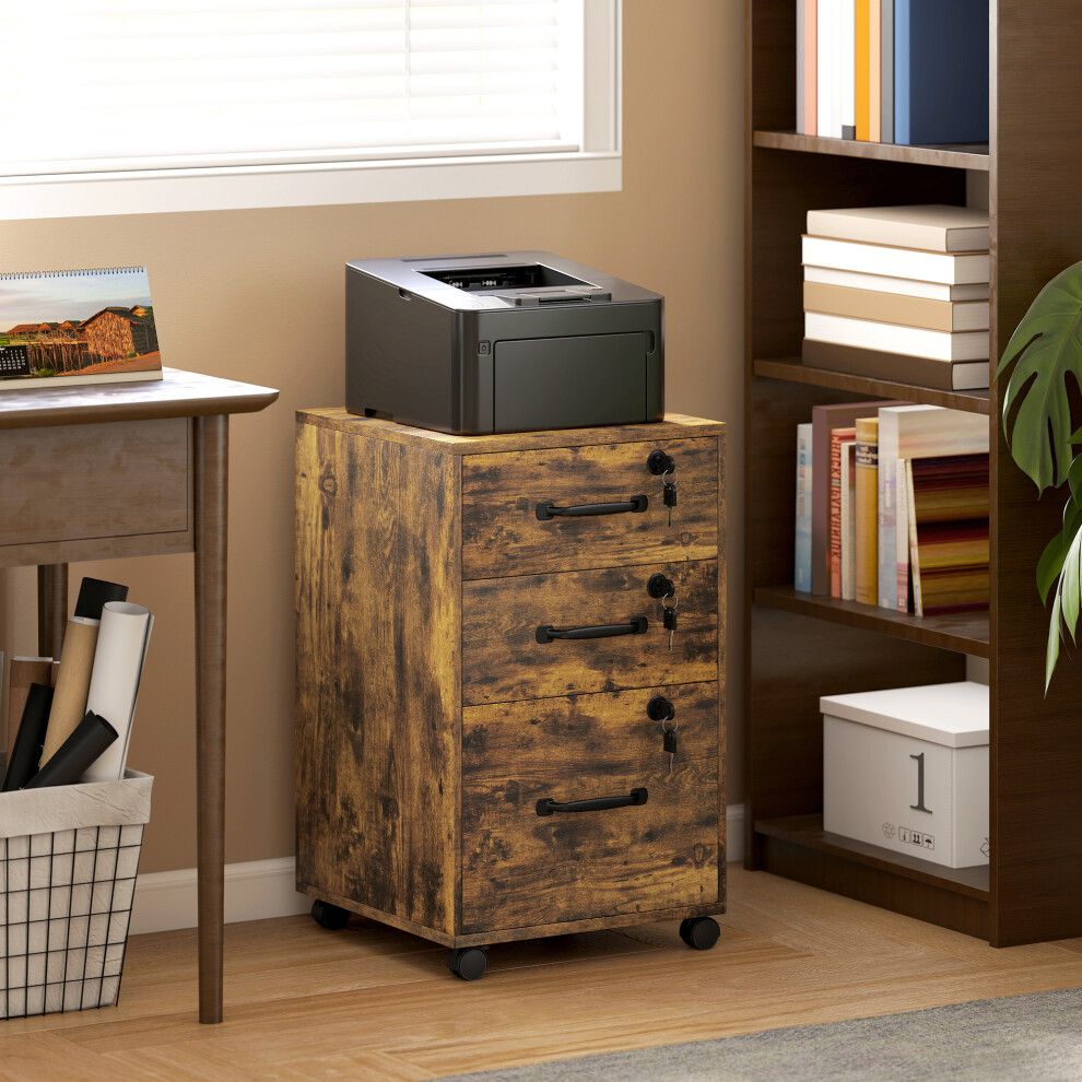 Homcom (Brown) 3 Drawer File Cabinet Rolling Filing Cabinet For A4 And Letter