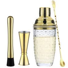 Gold Cocktail Shaker Set 400ml with Glass Mixing Cup, Golden Accents, Complete Bartender Kit