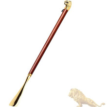 Long Handle Shoe Horn for Seniors with Elegant Golden Lion Head, Durable Steel and Wooden Grip, 58cm