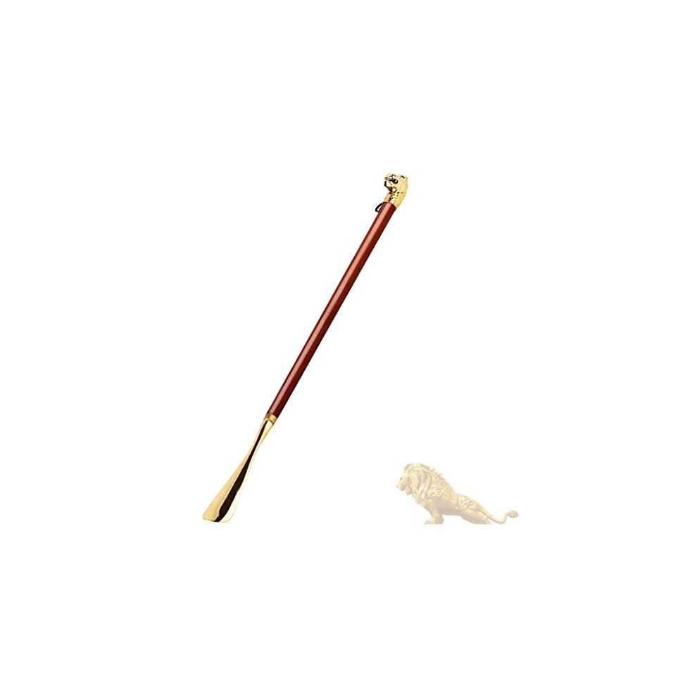 Long Handle Shoe Horn for Seniors with Elegant Golden Lion Head, Durable Steel and Wooden Grip, 58cm