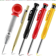 Set of 3 woodworking deep-hole pencils + 3 boxes of lead + 1 capped center punch + 1 tungsten carbide marking pen (13 pieces)