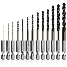 13-piece set of hexagonal shank stainless steel drill bits, high-speed steel black and yellow two-tone twist drills, 1.5-6.5mm.