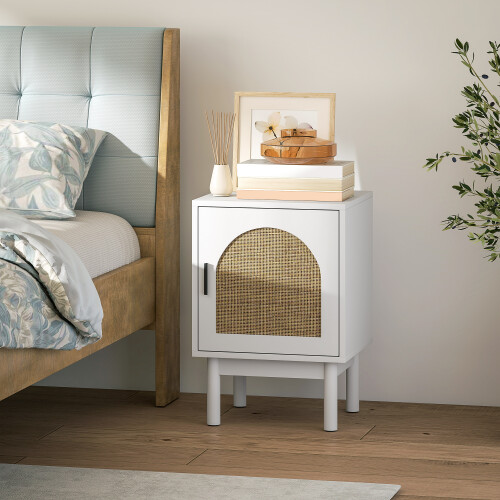 Homcom HOMCOM Boho Bedside Table with Rattan Door and Adjustable Shelf, White