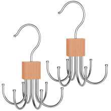 Rotatable belt organizer with 6 hooks, wooden block and stainless steel tie hanger, foldable, compact, 2 pieces
