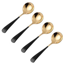 4 Pack Stainless Steel Palace Style Soup Spoon Large Bowl 1.8' Round Head Stainless Steel Food Serving Spoon 6.4' x 1.8' (Black Gold)
