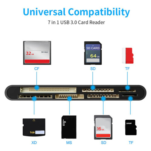7 in 1 USB 3.0 Multifunction Card Teader CF/XD/MS//TF Card Reader for Windows Vista/XP/7/8/10/, Linux, Os 2