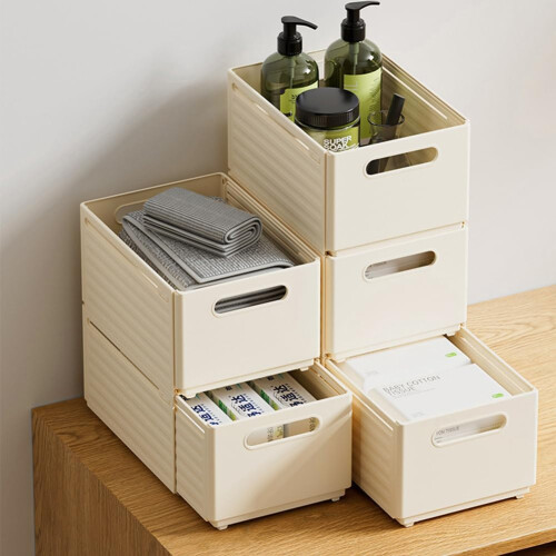 2 Pack Stackable Plastic Storage Drawers with Retractable Design for Closet and Kitchen (Ivory) 2