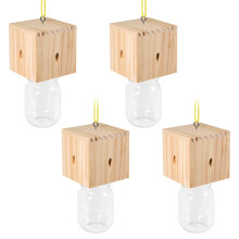 Carpenter Bee Trap Set of 4 with Plastic Jar, Wood Cube Hanging Design for Outdoor Insect Control