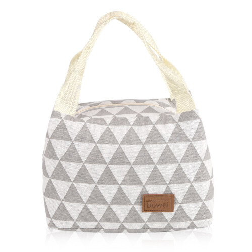 Bolsa térmica reutilizável para almoço, com características práticas e convenientes. Tecido elegante e estampa triangular multicolorida, ideal